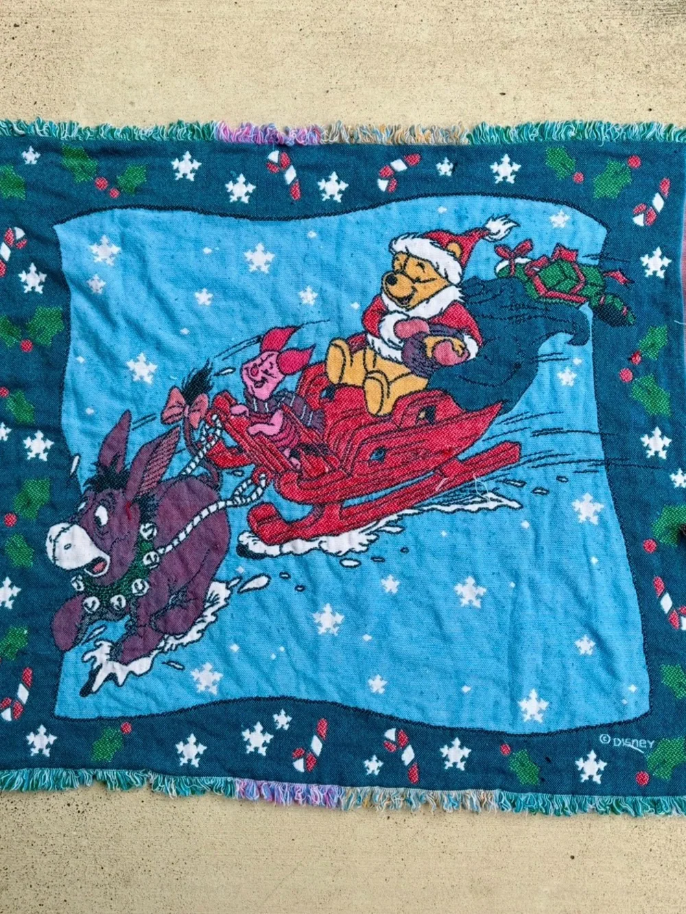 Vintage Disney Winnie The Pooh Christmas Woven Tapestry Throw Blanket USA